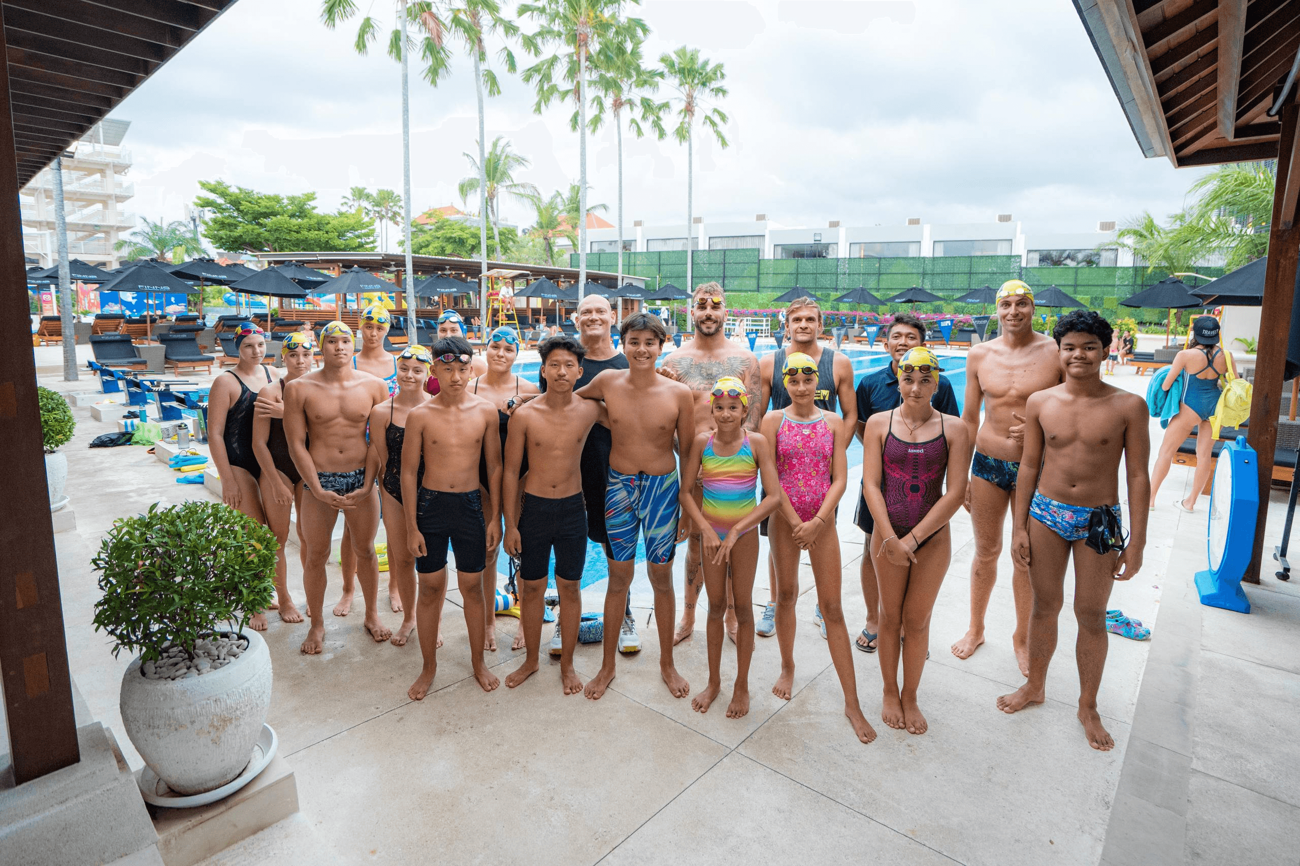 Group photo at the clinic with Michael Klim and Kyle Chalmers in Bali, 2024